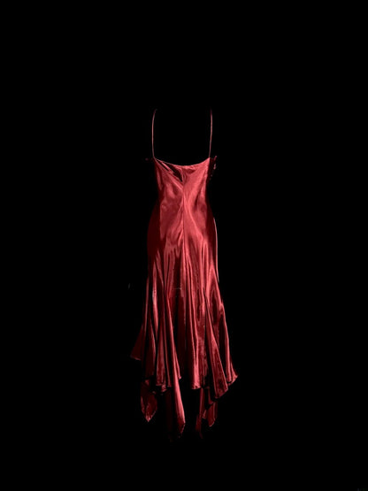 Élégante Robe de Bal Longueur Thé Rouge Satin Sirène à Bretelles Fines sans Manches pour Femme Robes de Soirée MP528