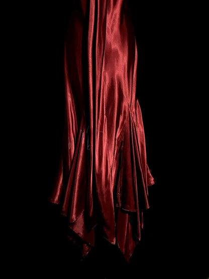 Élégante Robe de Bal Longueur Thé Rouge Satin Sirène à Bretelles Fines sans Manches pour Femme Robes de Soirée MP528