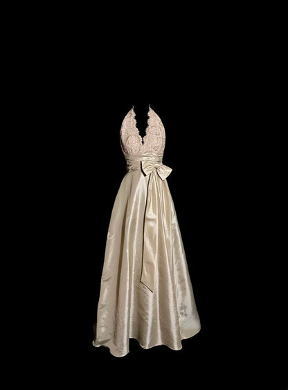 Simple A Line Halter Champagne Satin Ankle  Length Prom Dress Sleeveless Women Party Gowns MP529