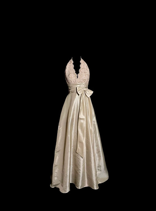 Einfaches A-Linien Neckholder Champagner Satinkleid Knöchellang Ballkleid Ärmellose Damen Partykleider MP529