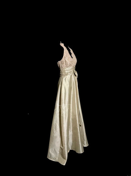 Simple A Line Halter Champagne Satin Ankle  Length Prom Dress Sleeveless Women Party Gowns MP529