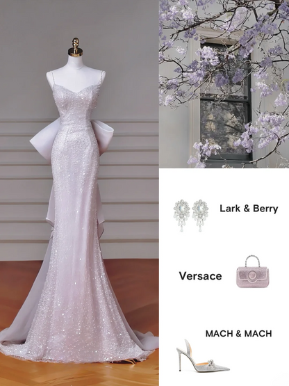 Sparkle Mermaid Spaghetti Strap Sequin Lilac Sleeveless With Bow-knot Bodice Long For Senior Year 2026 Prom Dresses MP019