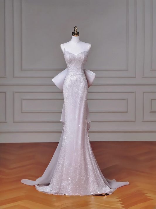 Robe de bal sirène scintillante sans manches lilas à fines bretelles avec nœud au niveau du corsage longue pour le bal de fin d'année 2026 MP019