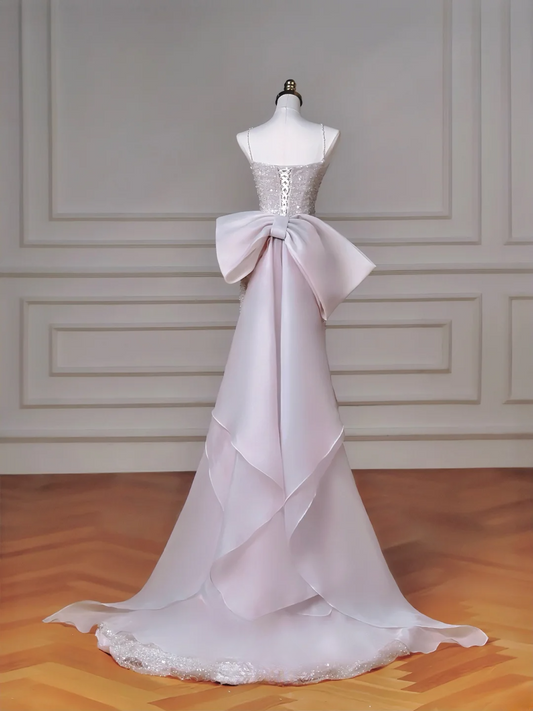 Robe de bal sirène scintillante sans manches lilas à fines bretelles avec nœud au niveau du corsage longue pour le bal de fin d'année 2026 MP019