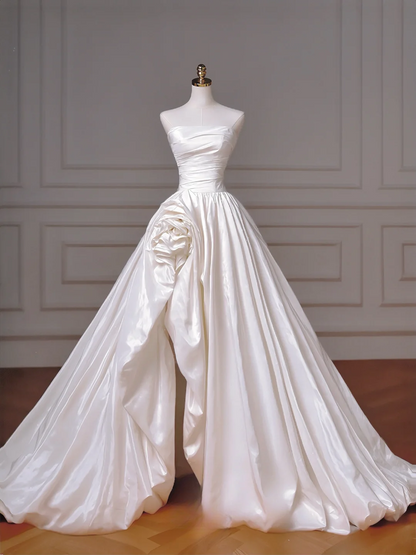 Robe de bal élégante, bustier, satin blanc, asymétrique, avec corsage plissé, robe de mariée princesse, MP019