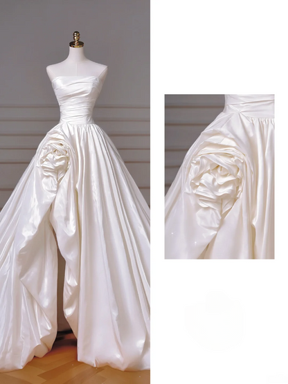 Robe de bal élégante, bustier, satin blanc, asymétrique, avec corsage plissé, robe de mariée princesse, MP019