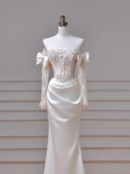 Elegantes Meerjungfrauen-Brautkleid schulterfrei, weiß, Satin mit langen Ärmeln, Spitzenmieder, Prinzessin, Hochzeitskleider MP020