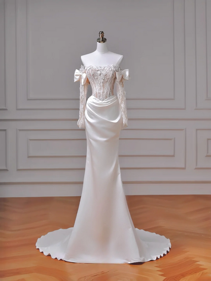 Elegantes Meerjungfrauen-Brautkleid schulterfrei, weiß, Satin mit langen Ärmeln, Spitzenmieder, Prinzessin, Hochzeitskleider MP020