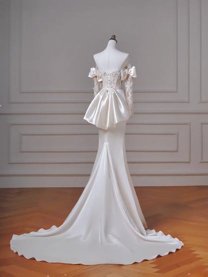 Elegantes Meerjungfrauen-Brautkleid schulterfrei, weiß, Satin mit langen Ärmeln, Spitzenmieder, Prinzessin, Hochzeitskleider MP020