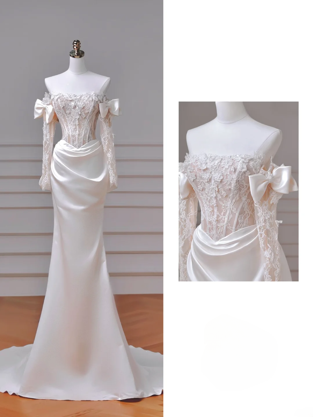 Elegantes Meerjungfrauen-Brautkleid schulterfrei, weiß, Satin mit langen Ärmeln, Spitzenmieder, Prinzessin, Hochzeitskleider MP020