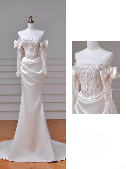 Elegantes Meerjungfrauen-Brautkleid schulterfrei, weiß, Satin mit langen Ärmeln, Spitzenmieder, Prinzessin, Hochzeitskleider MP020