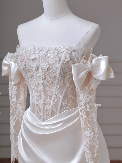 Elegantes Meerjungfrauen-Brautkleid schulterfrei, weiß, Satin mit langen Ärmeln, Spitzenmieder, Prinzessin, Hochzeitskleider MP020