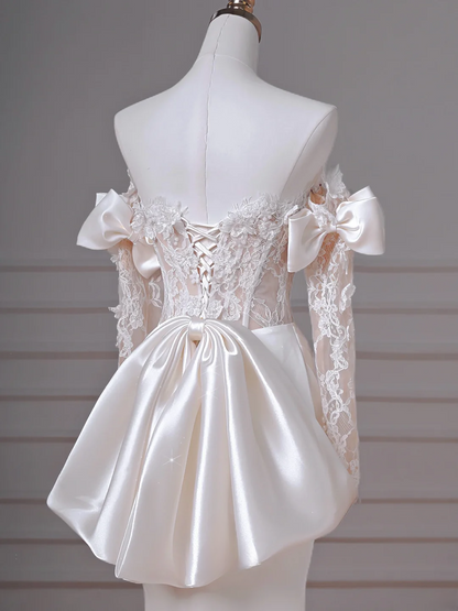 Elegantes Meerjungfrauen-Brautkleid schulterfrei, weiß, Satin mit langen Ärmeln, Spitzenmieder, Prinzessin, Hochzeitskleider MP020