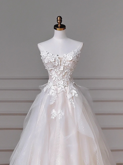 Zeitloses Ballkleid Schulterfrei Weiß Tüll Applikationen Mieder Mit Ärmeln Weiße Prinzessinnen Brautkleider Hochzeitskleider MP021