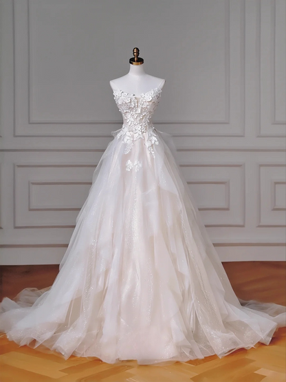 Zeitloses Ballkleid Schulterfrei Weiß Tüll Applikationen Mieder Mit Ärmeln Weiße Prinzessinnen Brautkleider Hochzeitskleider MP021