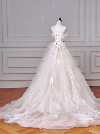 Zeitloses Ballkleid Schulterfrei Weiß Tüll Applikationen Mieder Mit Ärmeln Weiße Prinzessinnen Brautkleider Hochzeitskleider MP021