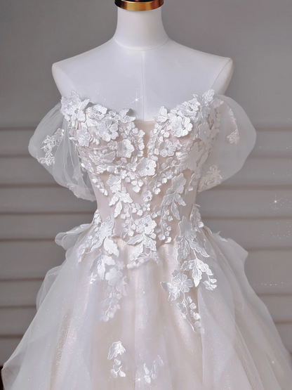 Zeitloses Ballkleid Schulterfrei Weiß Tüll Applikationen Mieder Mit Ärmeln Weiße Prinzessinnen Brautkleider Hochzeitskleider MP021