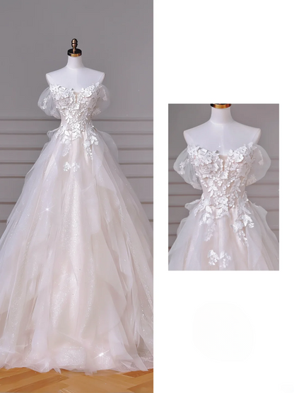 Zeitloses Ballkleid Schulterfrei Weiß Tüll Applikationen Mieder Mit Ärmeln Weiße Prinzessinnen Brautkleider Hochzeitskleider MP021