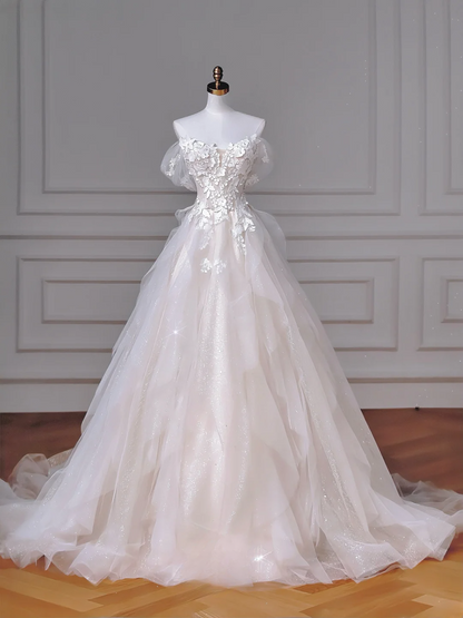 Zeitloses Ballkleid Schulterfrei Weiß Tüll Applikationen Mieder Mit Ärmeln Weiße Prinzessinnen Brautkleider Hochzeitskleider MP021