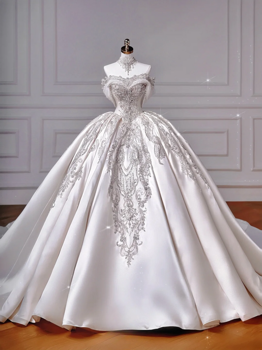 Timeless Ball Gown Strapless Satin With Short Sleeves Beaded Bodice Appliques Princess Bridal Gowns Wedding Dresses MP024
