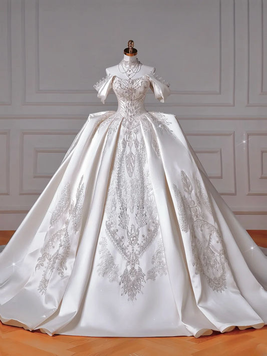 Timeless Ball Gown Strapless Satin With Short Sleeves Sweep Train Beaded Bodice Appliques Princess Bridal Gowns Wedding Dresses MP025