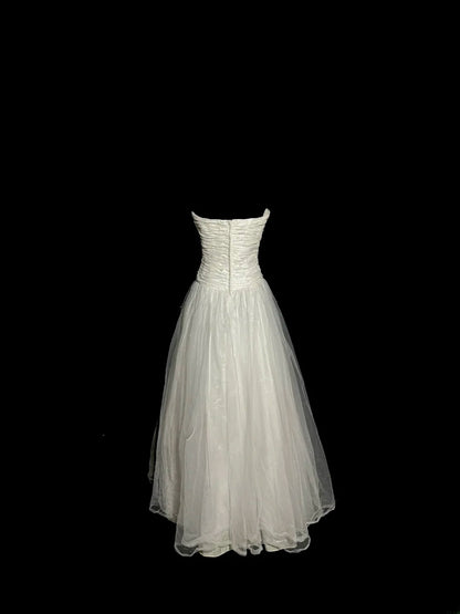 Simple A Line Strapless Sleeveless Silver Tulle Long Length Prom Dress Women Party Gowns MP530