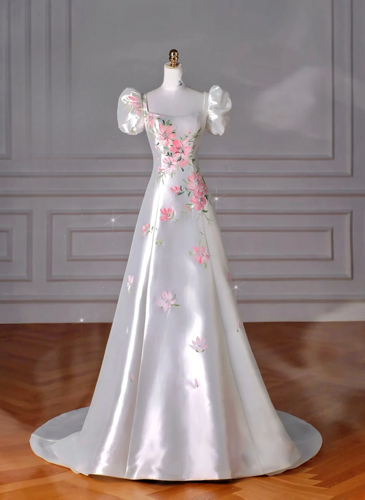 Robes de bal de fin d'année 2026 MP029 pour personnes âgées, ligne A simple, sirène, encolure carrée, manches courtes, motifs imprimés, bustier long