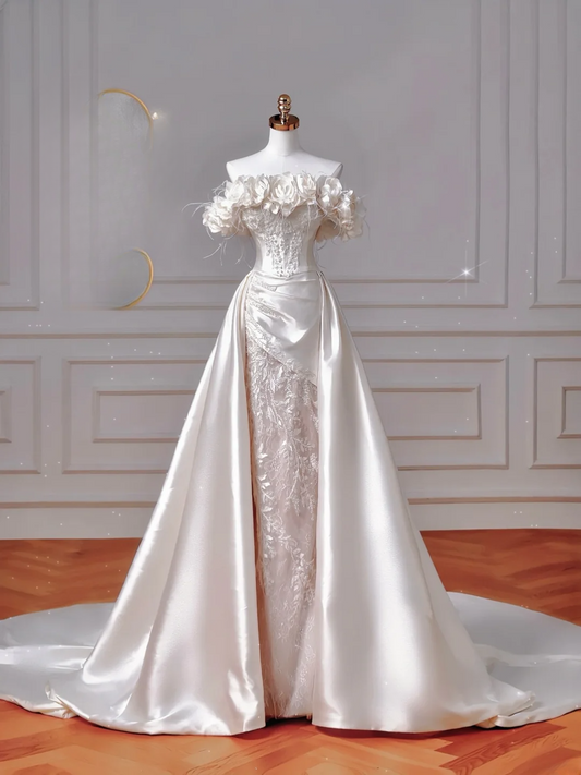 Timeless Sheath Off The Shoulder Satin With Short Sleeves Appliques Sweep Train Bodice Appliques Princess Bridal Gowns Wedding Dresses MP030