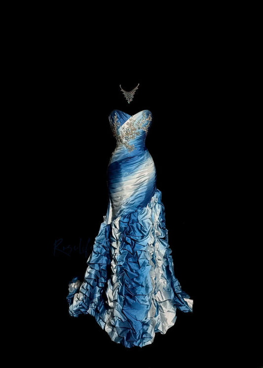 Sexy Meerjungfrau Schatz Farbverlauf Blau Weiß Mit Perlen Lang Ballkleider Damen Partykleider MP577