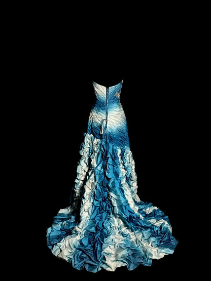 Robe de soirée longue sirène sexy dégradé de couleurs bleu blanc avec perles pour femmes MP577