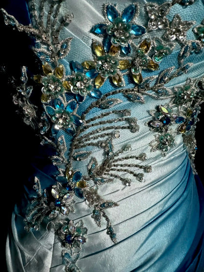 Robe de soirée longue sirène sexy dégradé de couleurs bleu blanc avec perles pour femmes MP577