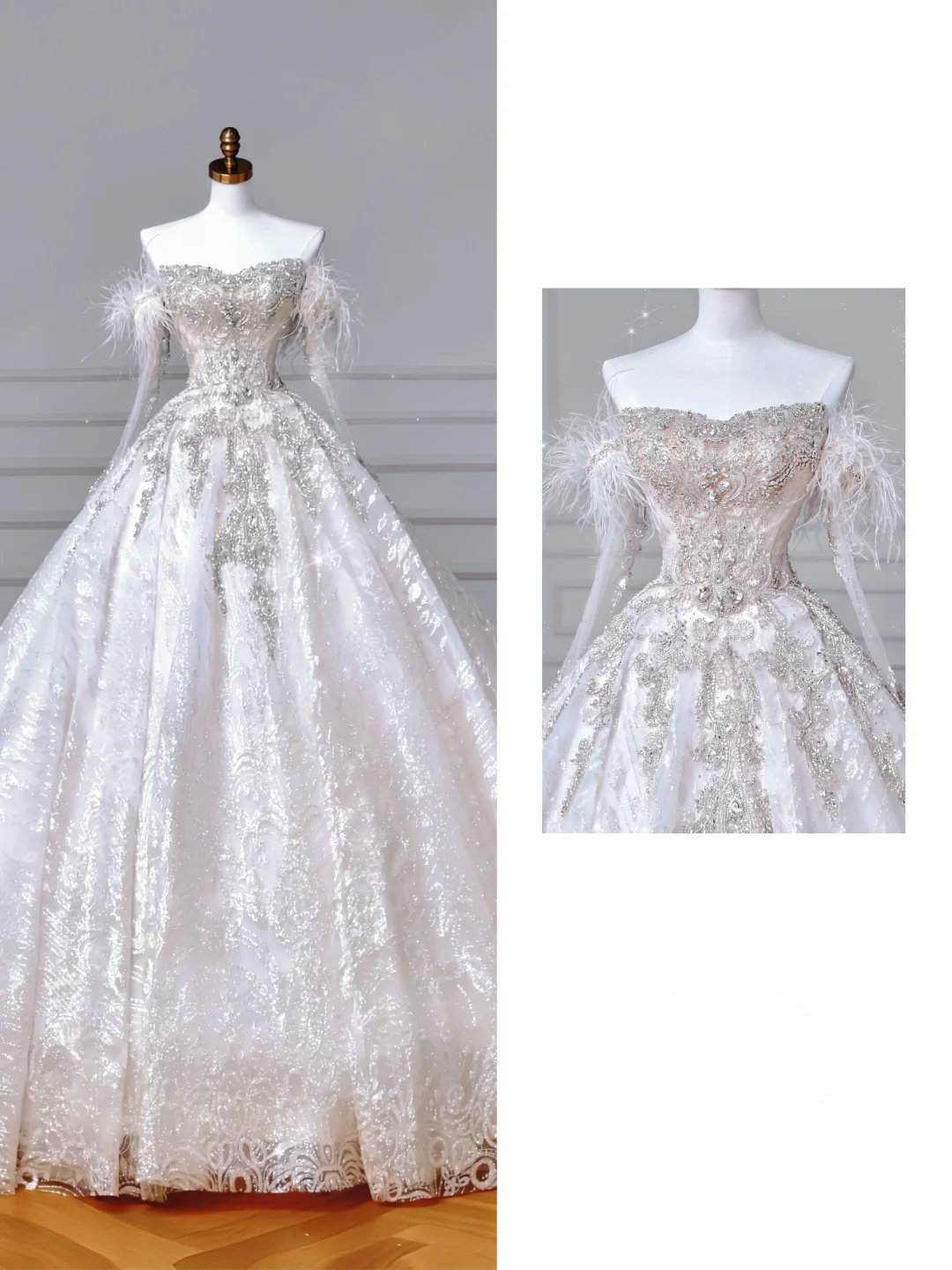 Robe de bal élégante bustier cœur en tulle blanc avec manches longues, corsage en dentelle perlée, robe de mariée de princesse MP031