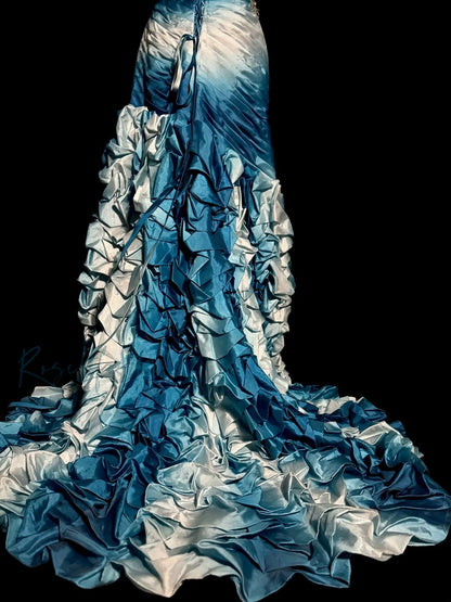 Robe de soirée longue sirène sexy dégradé de couleurs bleu blanc avec perles pour femmes MP577