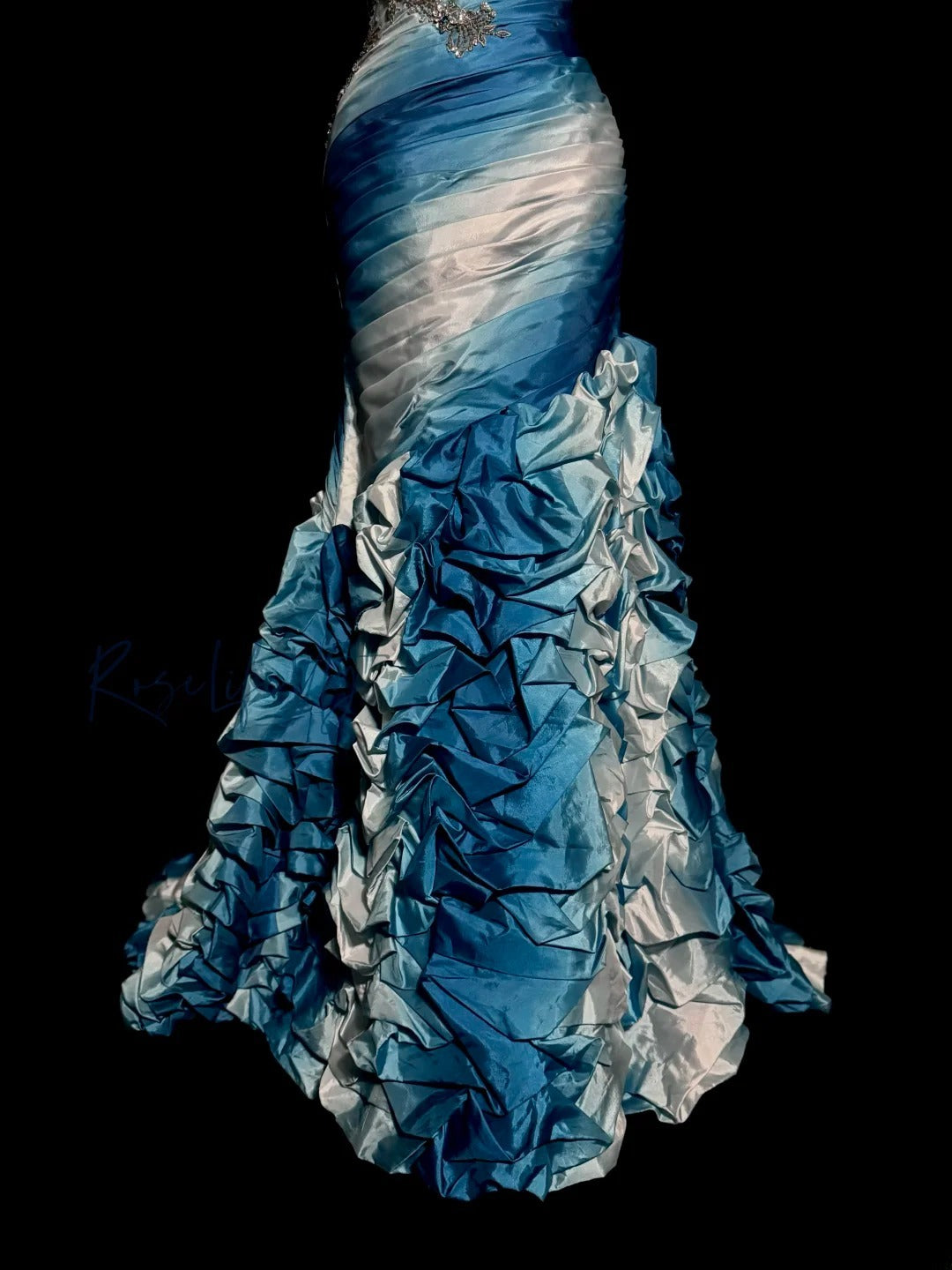 Robe de soirée longue sirène sexy dégradé de couleurs bleu blanc avec perles pour femmes MP577