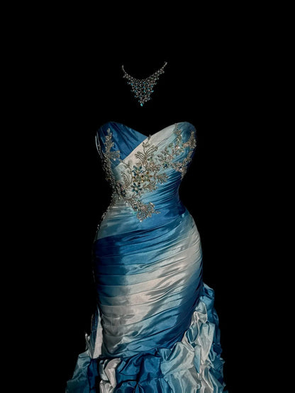 Robe de soirée longue sirène sexy dégradé de couleurs bleu blanc avec perles pour femmes MP577
