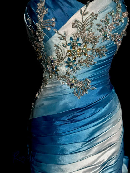 Robe de soirée longue sirène sexy dégradé de couleurs bleu blanc avec perles pour femmes MP577