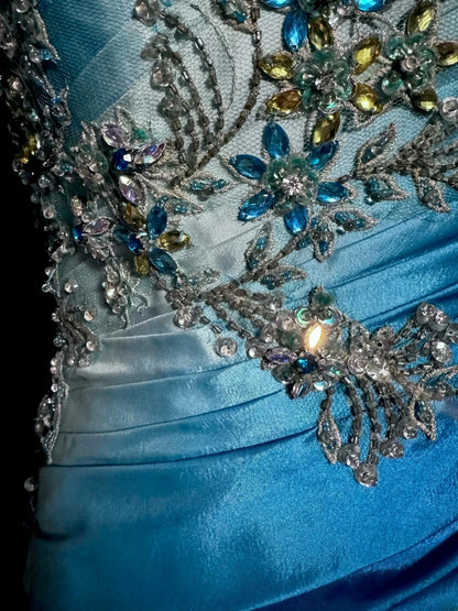 Robe de soirée longue sirène sexy dégradé de couleurs bleu blanc avec perles pour femmes MP577