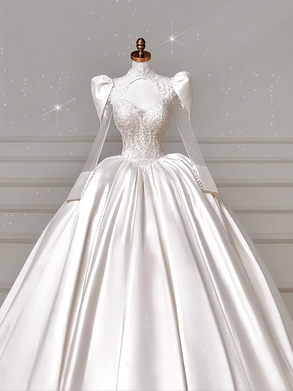 Timeless Ball Gown Sweetheart Satin With Long Sleeves Appliques Sweep Train Bodice Appliques Princess Bridal Gowns Wedding Dresses MP027