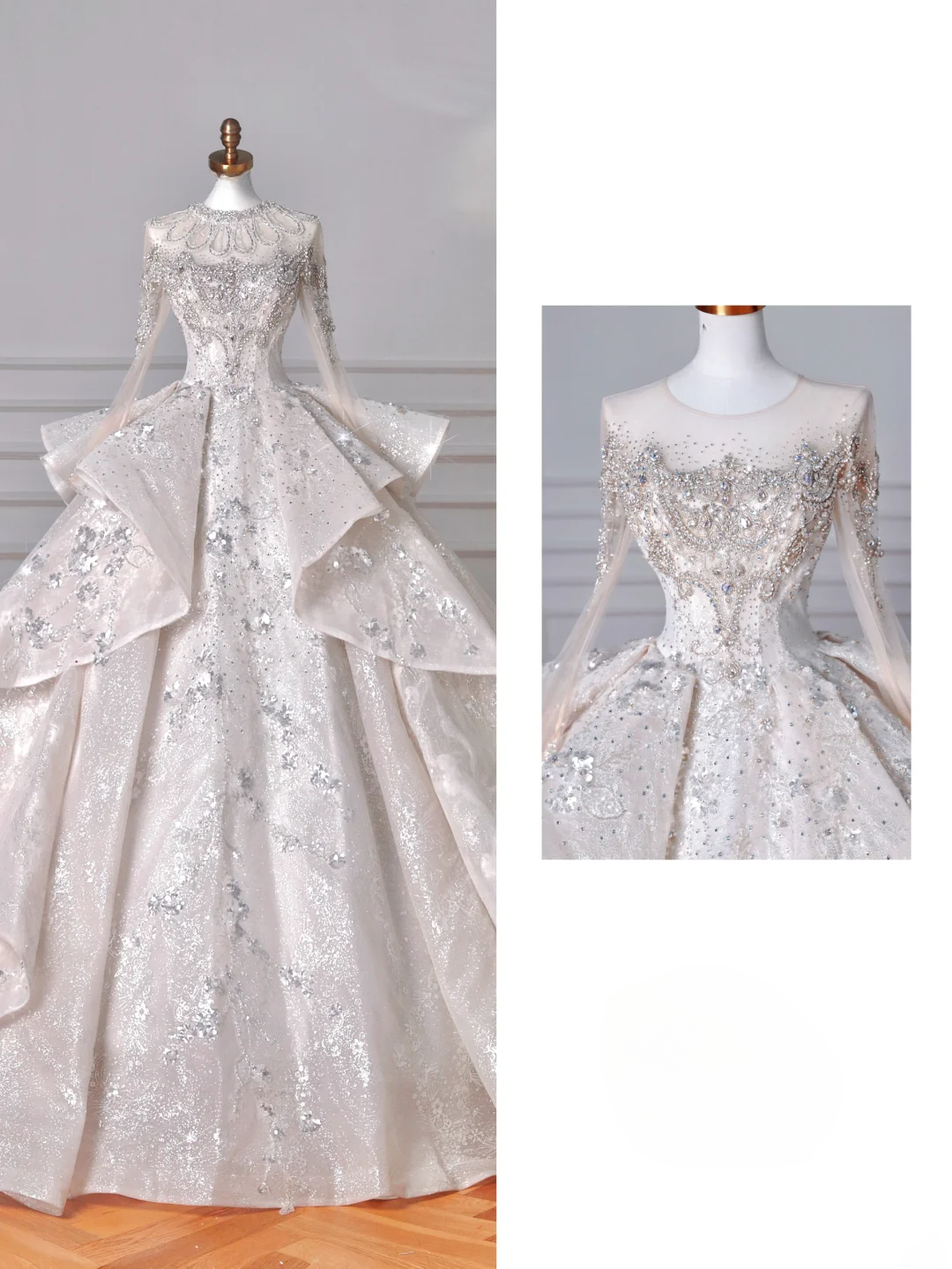 Robes de mariée princesse intemporelles avec encolure dégagée, paillettes, manches longues, perles, cristaux, traîne, bustier MP032