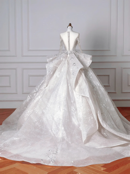 Robes de mariée princesse intemporelles avec encolure dégagée, paillettes, manches longues, perles, cristaux, traîne, bustier MP032