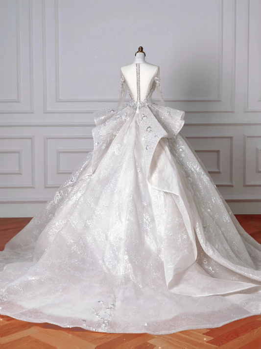 Timeless Ball Gown Scoop Sequin With Long Sleeves Beaded Crystals Sweep Train Bodice Princess Bridal Gowns Wedding Dresses MP032