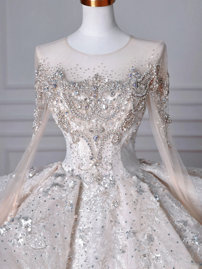 Robes de mariée princesse intemporelles avec encolure dégagée, paillettes, manches longues, perles, cristaux, traîne, bustier MP032