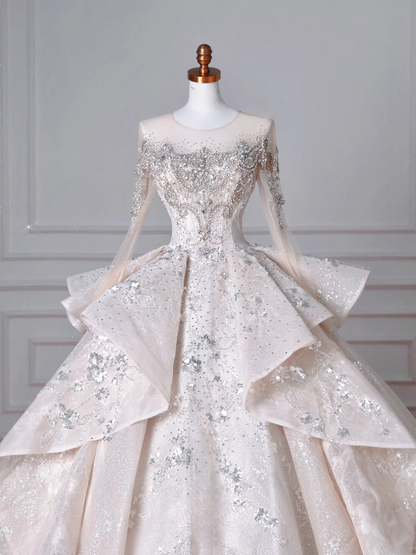 Robes de mariée princesse intemporelles avec encolure dégagée, paillettes, manches longues, perles, cristaux, traîne, bustier MP032