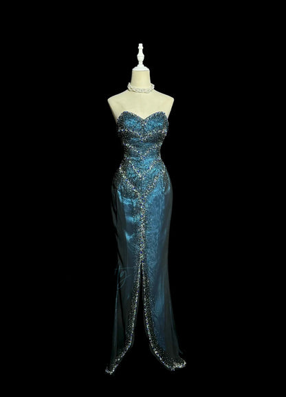 Sexy Mermaid Sweetheart Teal Blue With Beading Split Long Prom Dresses Women Party Gowns MP580