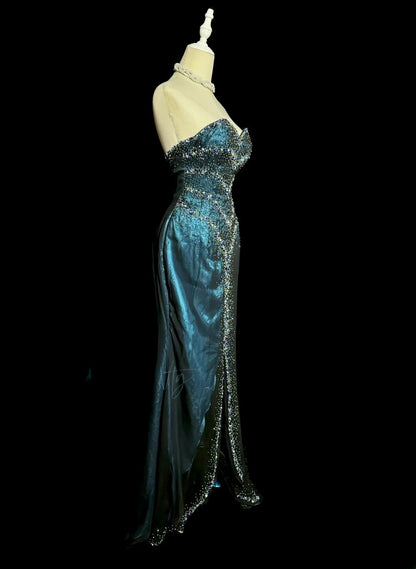 Sexy Mermaid Sweetheart Teal Blue With Beading Split Long Prom Dresses Women Party Gowns MP580