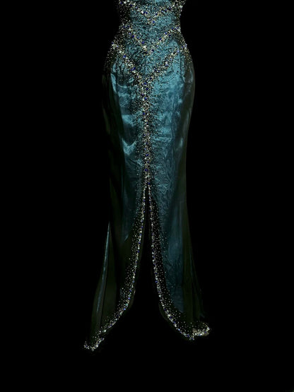 Sexy Mermaid Sweetheart Teal Blue With Beading Split Long Prom Dresses Women Party Gowns MP580