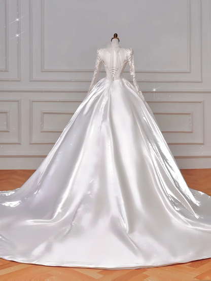 Timeless Ball Gown Square Neck Lace With Long Sleeves Beaded Crystals Sweep Train Bodice Princess Bridal Gowns Wedding Dresses MP033