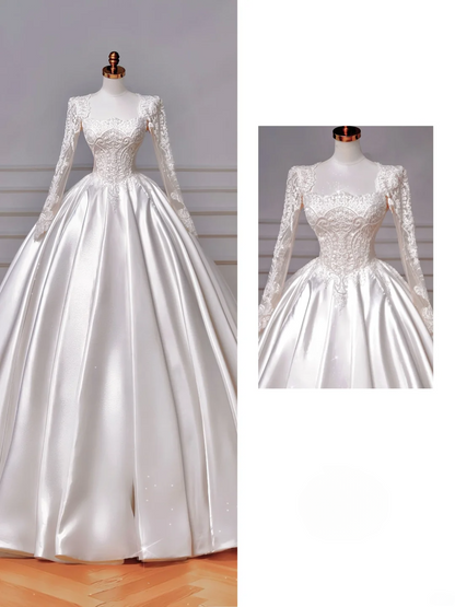 Timeless Ball Gown Square Neck Lace With Long Sleeves Beaded Crystals Sweep Train Bodice Princess Bridal Gowns Wedding Dresses MP033