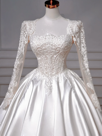 Timeless Ball Gown Square Neck Lace With Long Sleeves Beaded Crystals Sweep Train Bodice Princess Bridal Gowns Wedding Dresses MP033