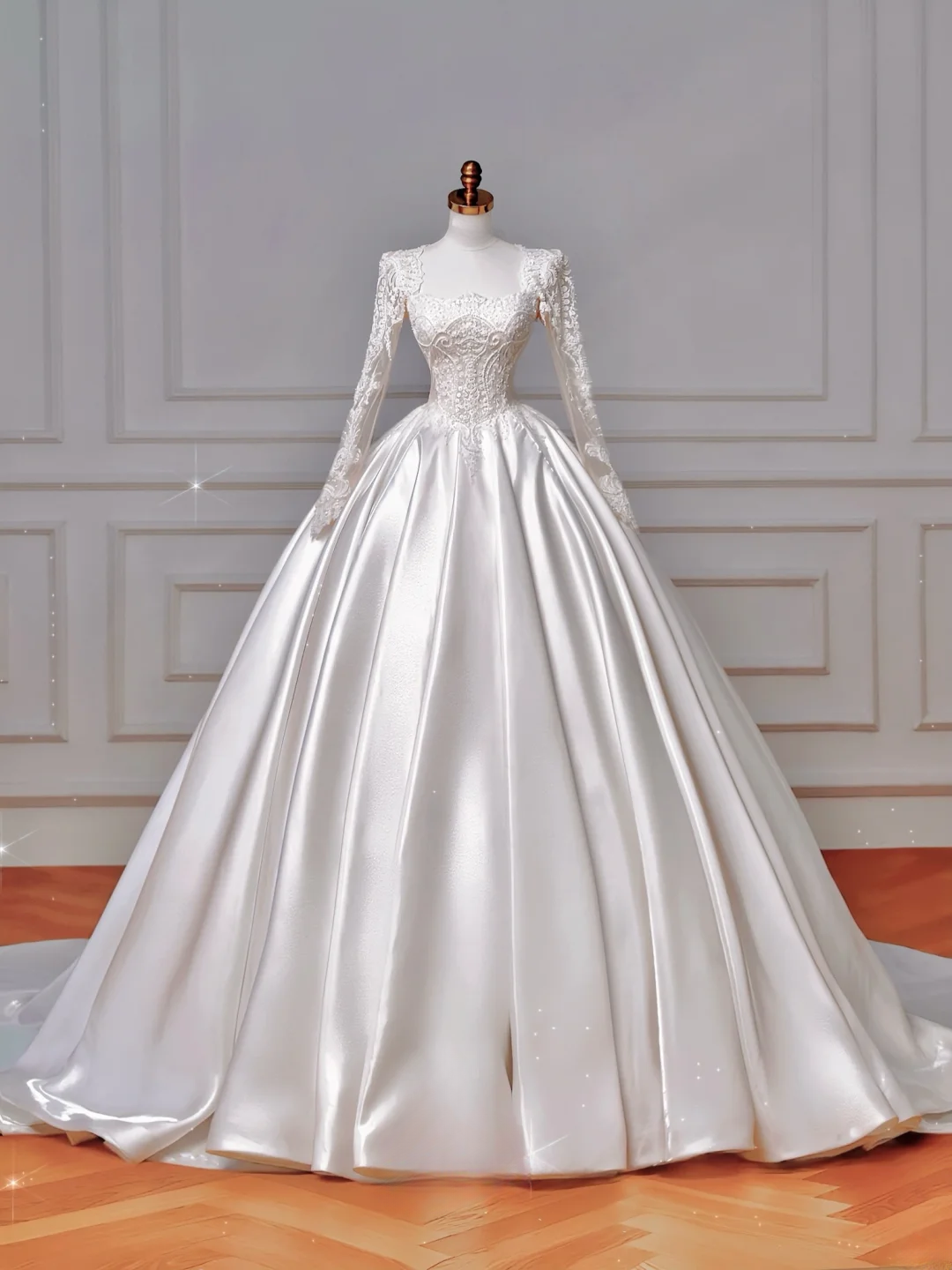 Timeless Ball Gown Square Neck Lace With Long Sleeves Beaded Crystals Sweep Train Bodice Princess Bridal Gowns Wedding Dresses MP033